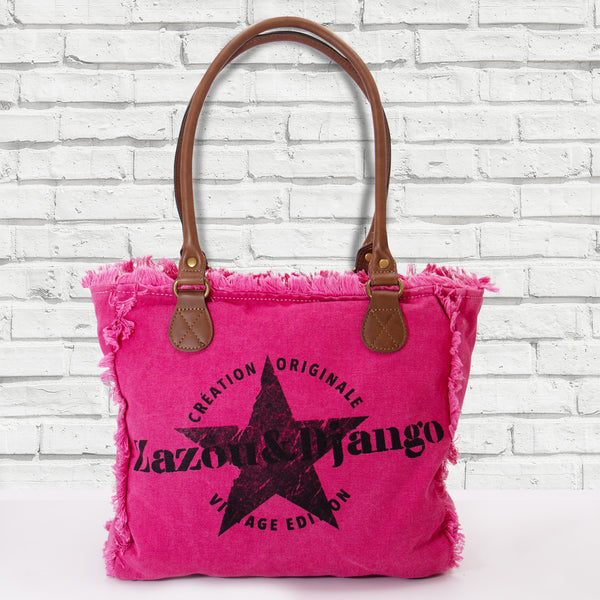 vue face sac mini cabas quotidien couleur rose fuchsia, girly, pétillant, fluo, rose bonbon, framboise, vif. Toile doublée en coton, détails laitons et cuir vegan. Style décontracté, vintage, froufrous, plage, été. Design original zazou & django.