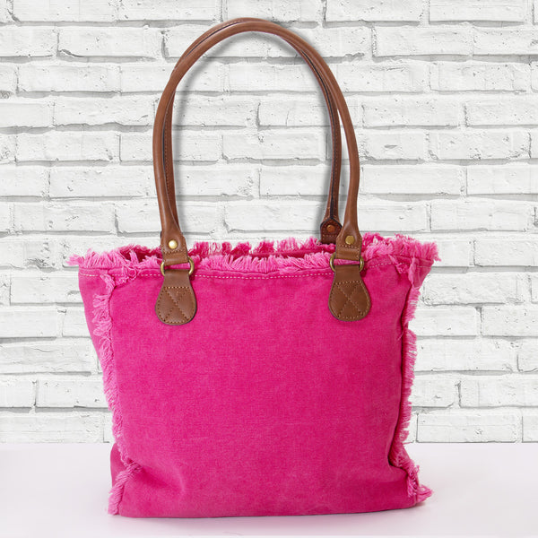 vue dos sac mini cabas quotidien couleur rose fuchsia, girly, pétillant, fluo, rose bonbon, framboise, vif. Toile doublée en coton, détails laitons et cuir vegan. Style décontracté, vintage, froufrous, plage, été. Design original zazou & django.